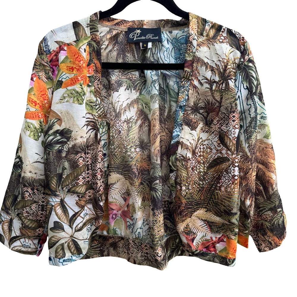 Paradise Ranch Sheer Resortwear Tropical Botanical Open Front‎ Kimono Jacket M
